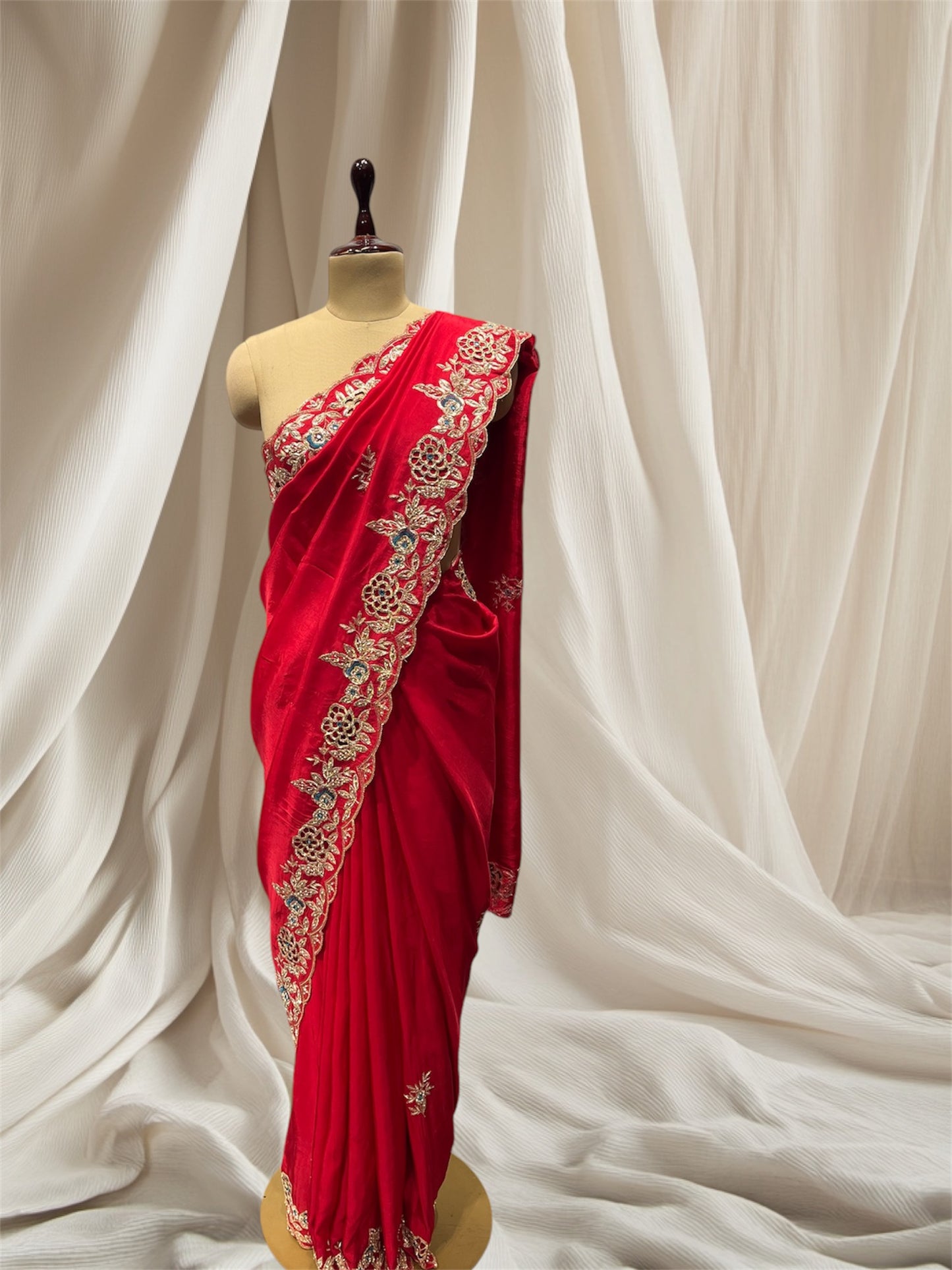 ( DELIVERY IN 15 DAYS ) Red cut work Aari Zardozi Border Silk Saree