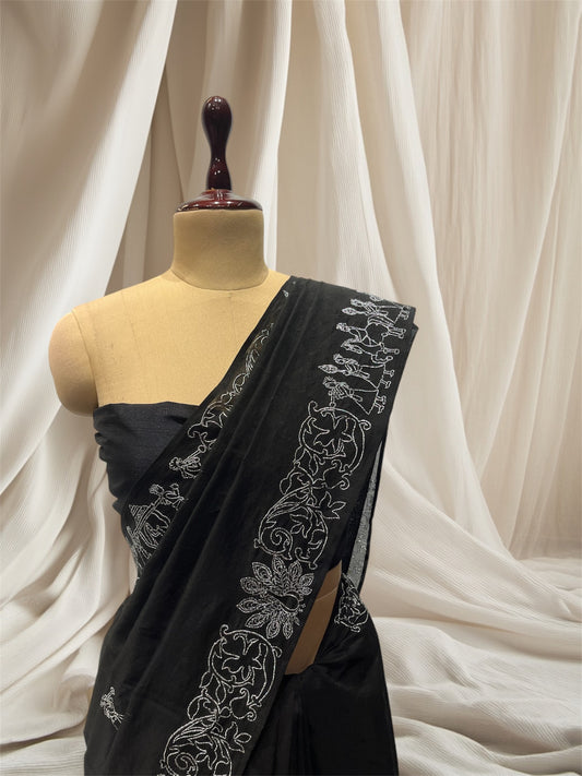 ( DELIVERY IN 15 DAYS ) Black Palki Shehnai Border Silver Zari Chanderi Saree