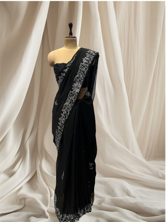 ( DELIVERY IN 15 DAYS ) Black Palki Shehnai Border Silver Zari Chanderi Saree