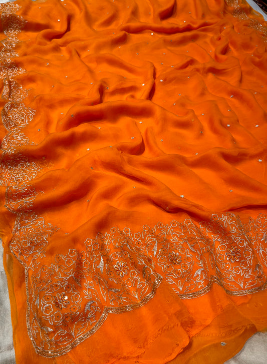 ORANGE COLOR PURE CHIFFON HAND EMBROIDERED SAREE EMBELLISHED WITH RESHAM WORK