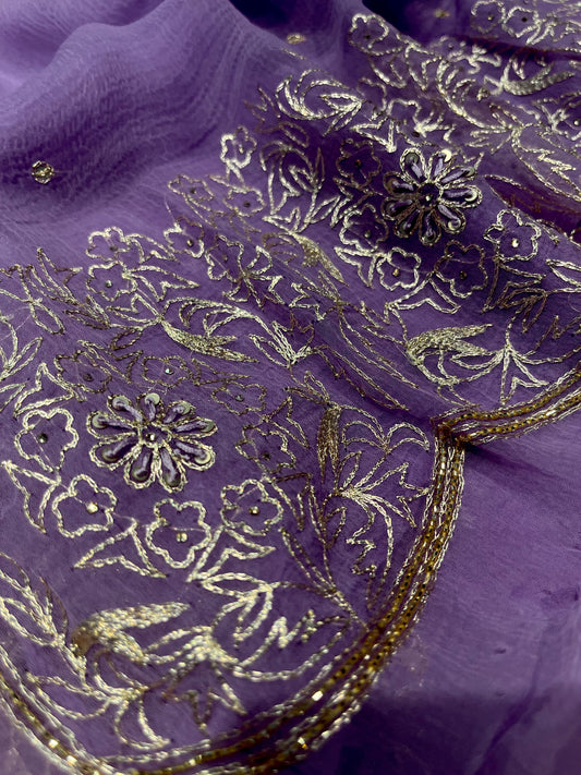 PURPLE COLOUR PURE CHIFFON HAND EMBROIDERED SAREE EMBELLISHED WITH RESHAM WORK