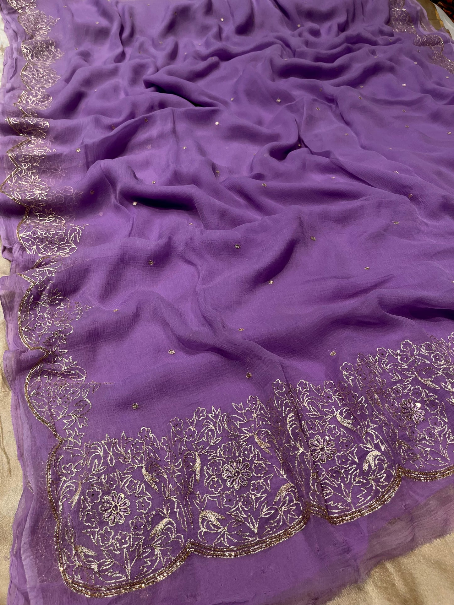 PURPLE COLOUR PURE CHIFFON HAND EMBROIDERED SAREE EMBELLISHED WITH RESHAM WORK