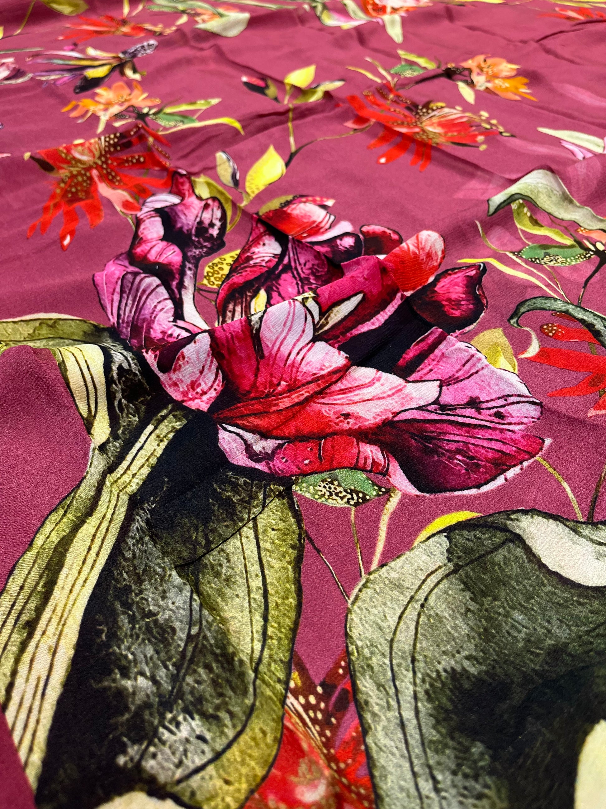 ROUGE PINK COLOUR CHINON FLORAL PRINTED SAREE WITH PRINTED BLOUSE - Kothari Sons