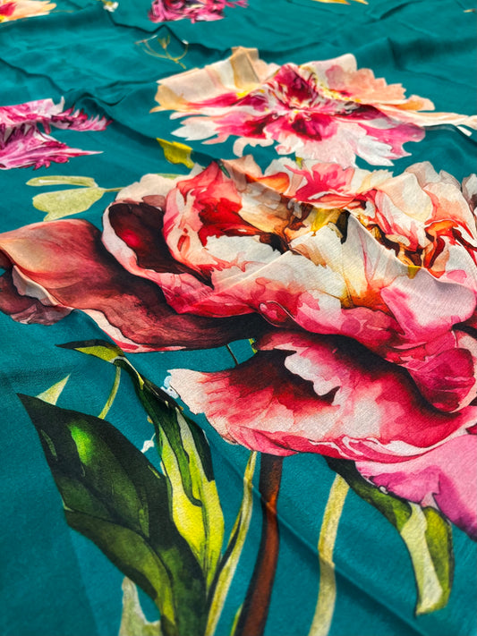 PEACOCK GREEN COLOUR FLORAL PRINTED CHINON SAREE WITH PRINTED BLOUSE - Kothari Sons