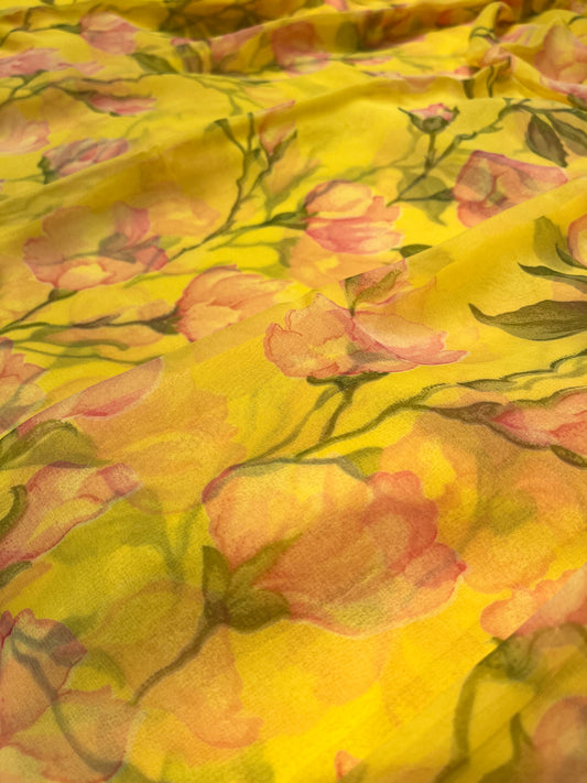 YELLOW COLOUR PRINTED CHIFFON SAREE (30gm)