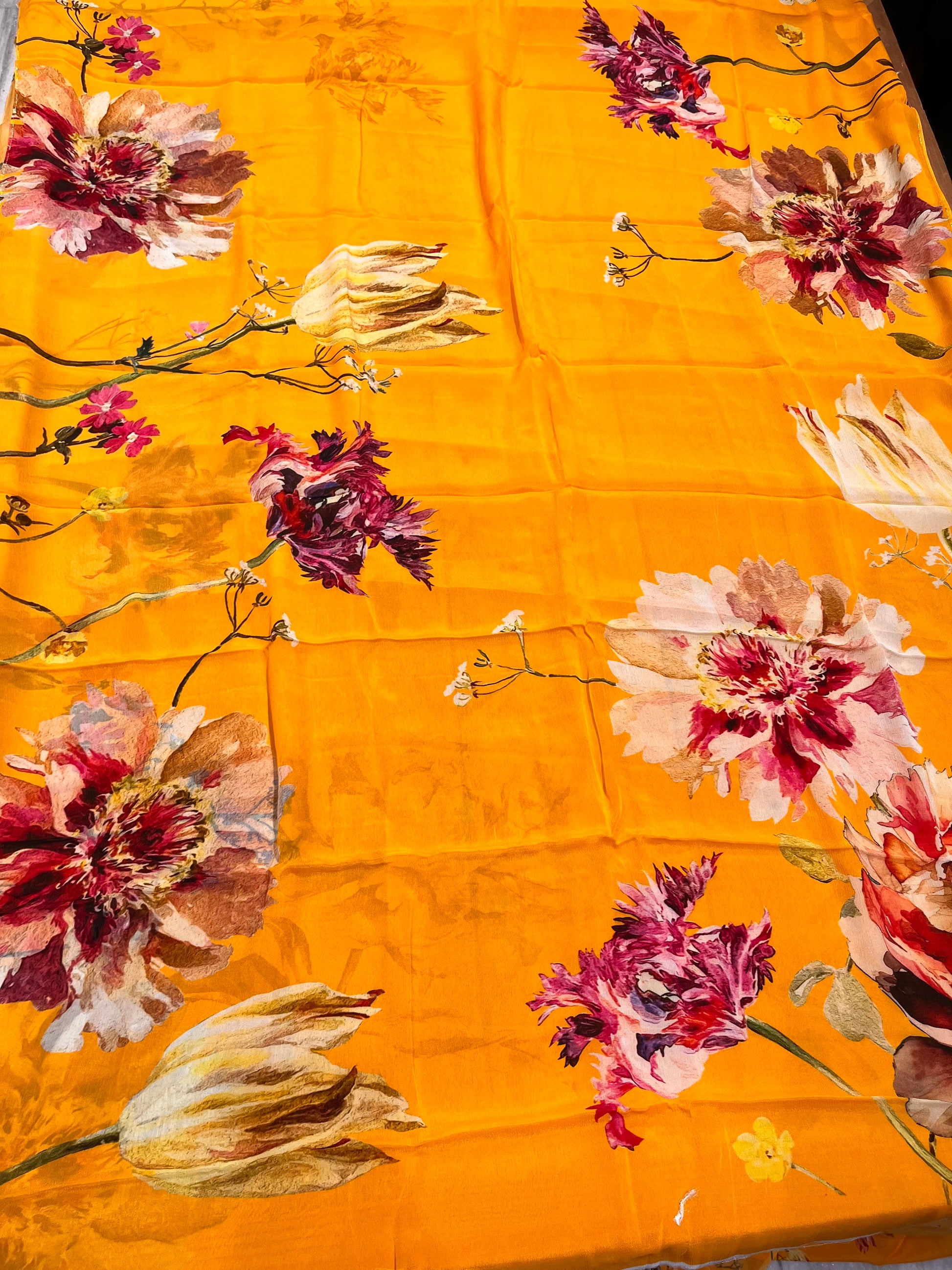MUSTARD COLOUR CHINON PRINTED SAREE WITH PRINTED BLOUSE - Kothari Sons