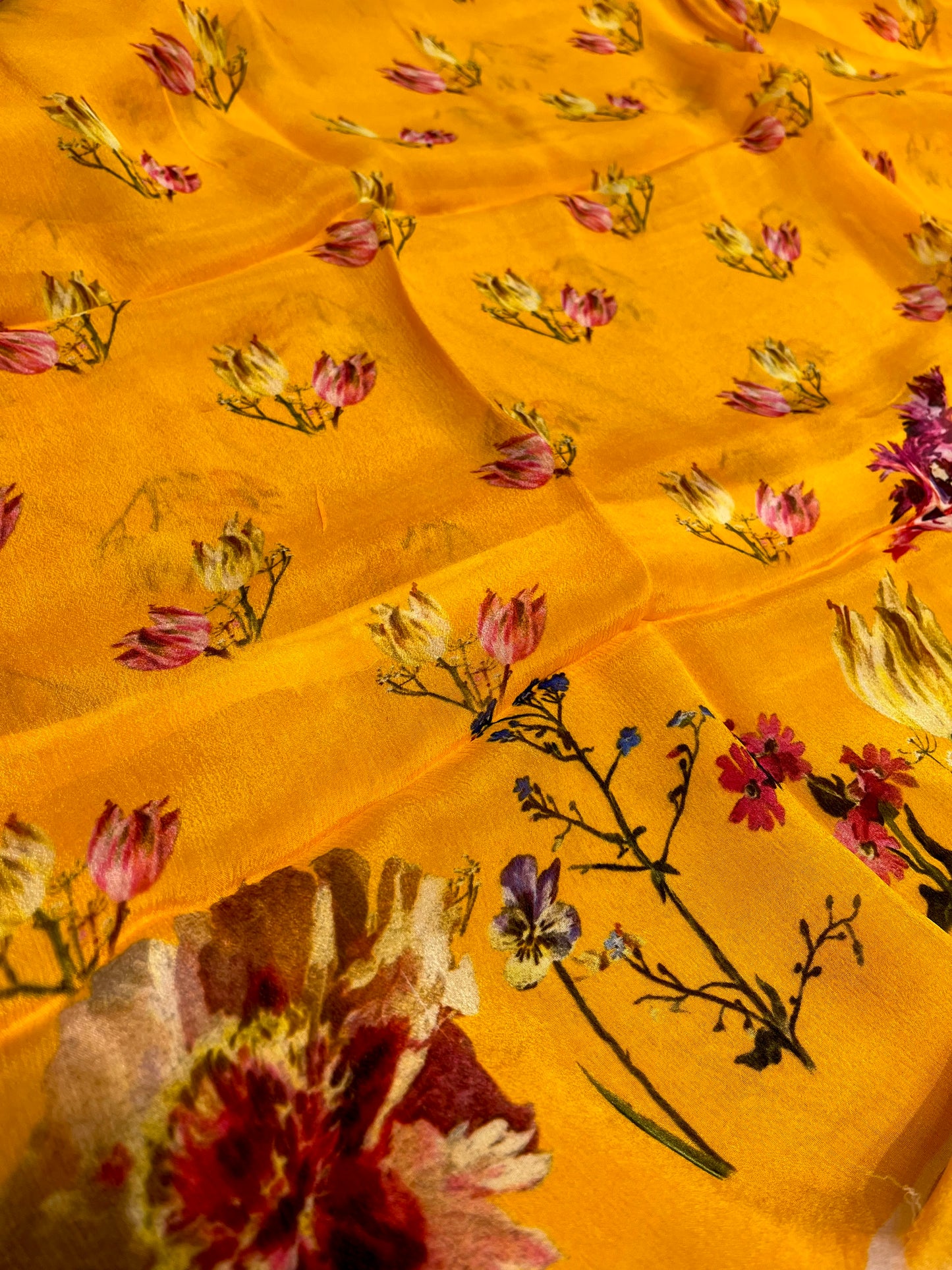 MUSTARD COLOUR CHINON PRINTED SAREE WITH PRINTED BLOUSE - Kothari Sons