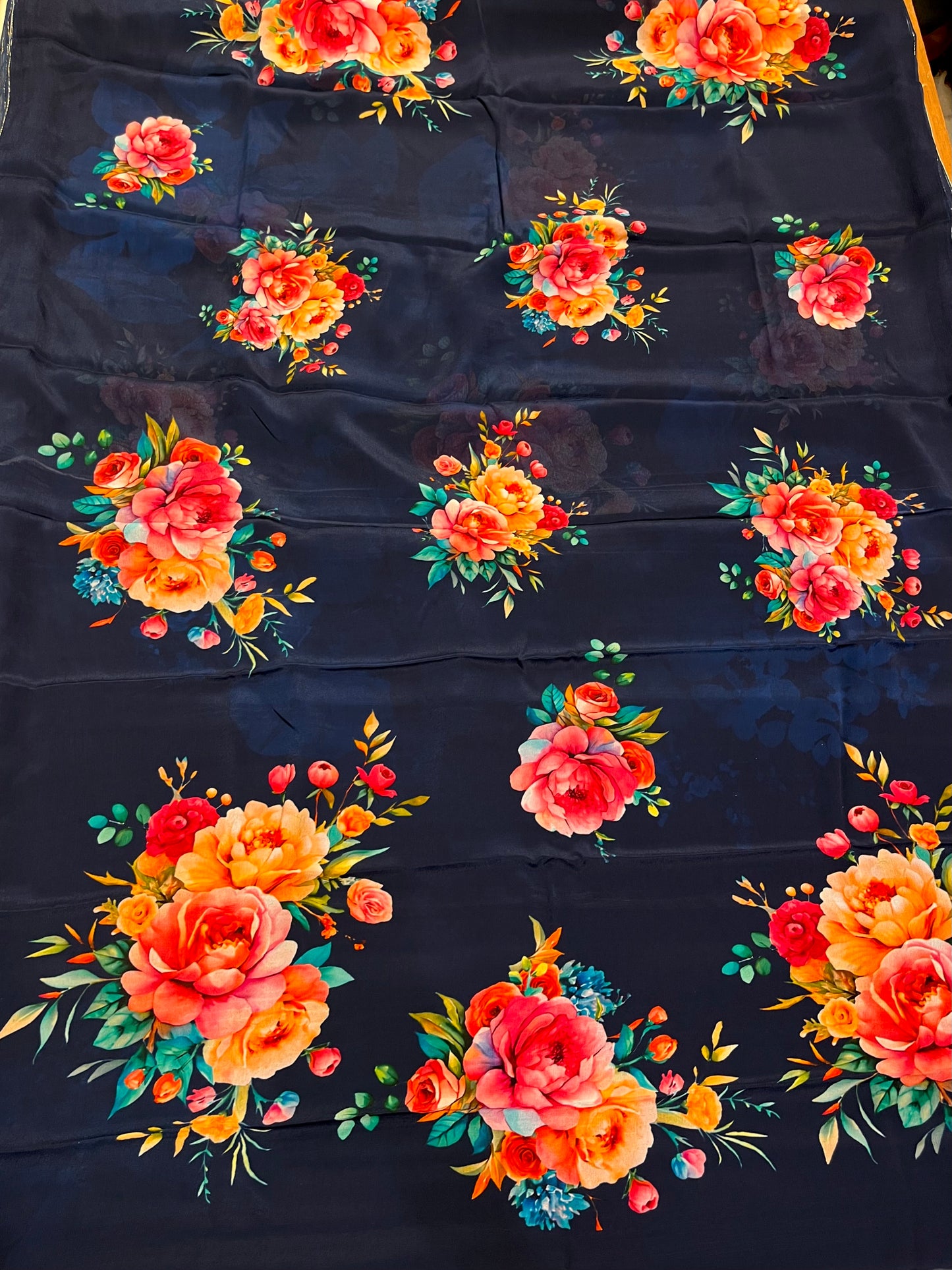 NAVY BLUE COLOUR CHINON FLORAL PRINTED SAREE WITH PLAIN BLOUSE - Kothari Sons