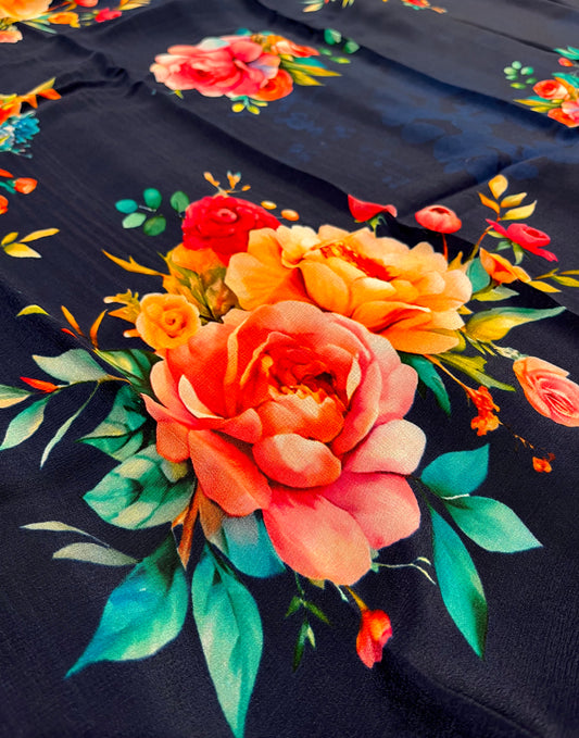 NAVY BLUE COLOUR CHINON FLORAL PRINTED SAREE WITH PLAIN BLOUSE - Kothari Sons