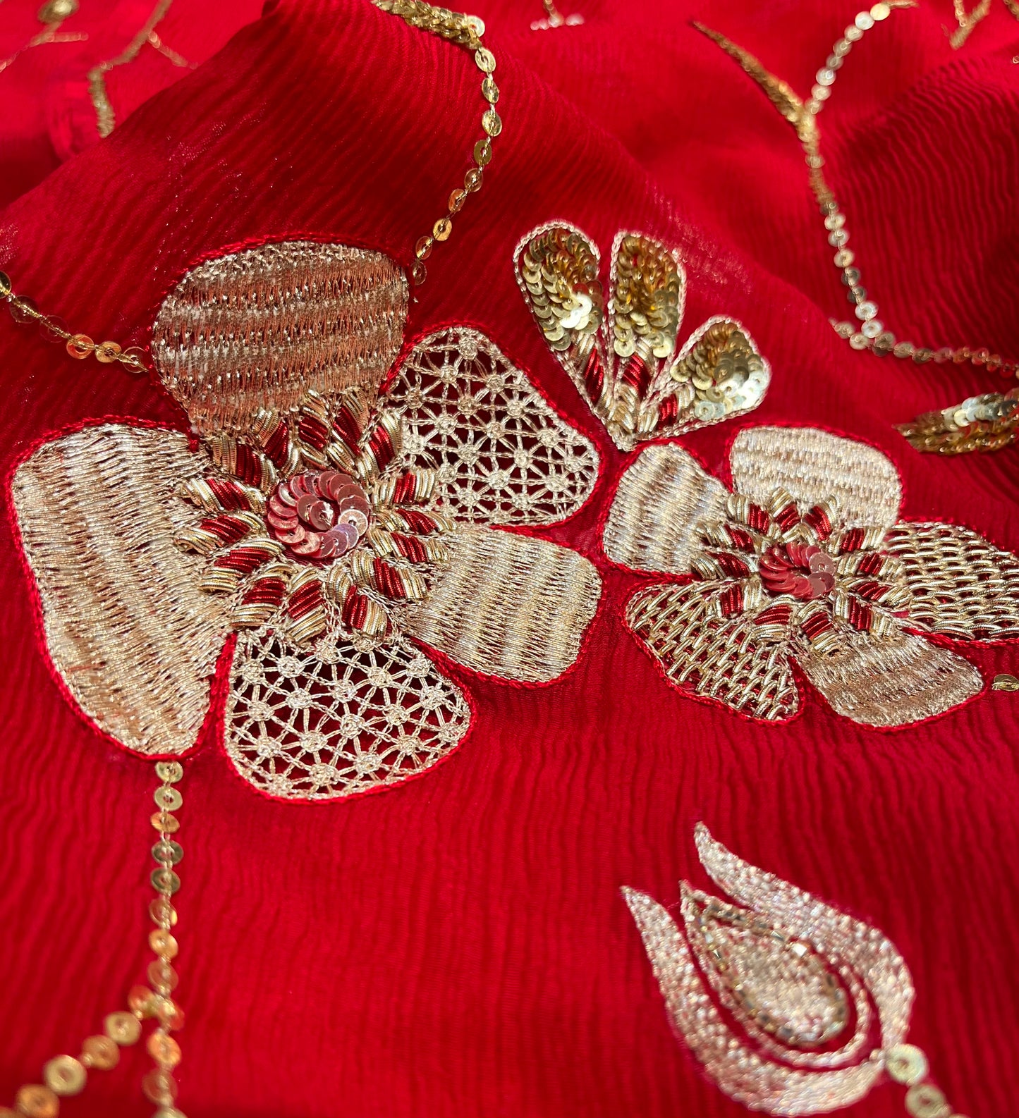 ( DELIVERY IN 25 DAYS ) RED COLOUR PURE CHIFFON HAND EMBROIDERED SAREE EMBELLISHED WITH AARI, SEQUINS & ZARDOZI WORK