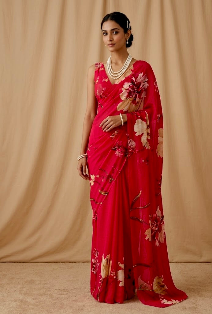 HOT PINK COLOUR CHINON FLORAL PRINTED SAREE WITH PRINTED BLOUSE - Kothari Sons