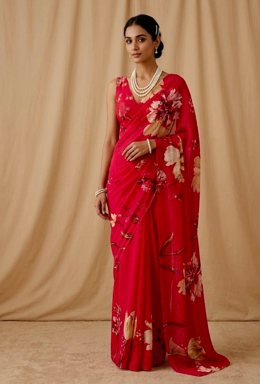 HOT PINK COLOUR CHINON FLORAL PRINTED SAREE WITH PRINTED BLOUSE - Kothari Sons