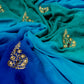 ( DELIVERY IN 25 DAYS ) BLUE SHADED PURE CHIFFON HAND EMBROIDERED SAREE EMBELLISHED WITH ZARDOZI WORK