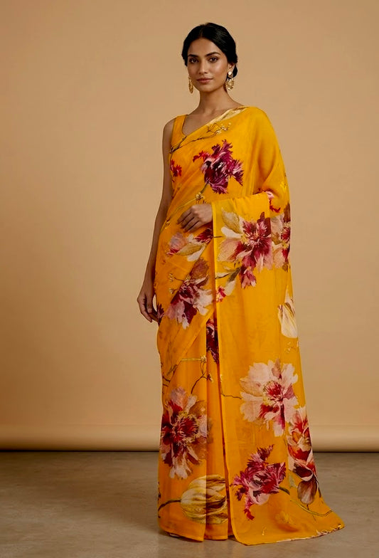 MUSTARD COLOUR CHINON PRINTED SAREE WITH PRINTED BLOUSE - Kothari Sons