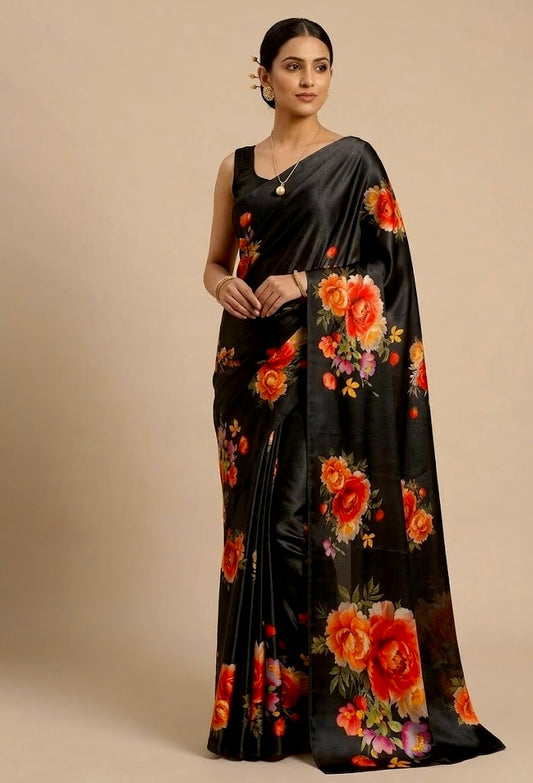 BLACK COLOUR CHINON FLORAL PRINTED SAREE WITH PLAIN BLOUSE - Kothari Sons