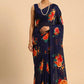 NAVY BLUE COLOUR CHINON FLORAL PRINTED SAREE WITH PLAIN BLOUSE - Kothari Sons