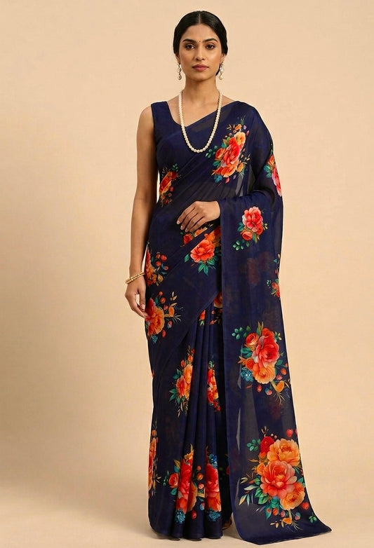 NAVY BLUE COLOUR CHINON FLORAL PRINTED SAREE WITH PLAIN BLOUSE - Kothari Sons