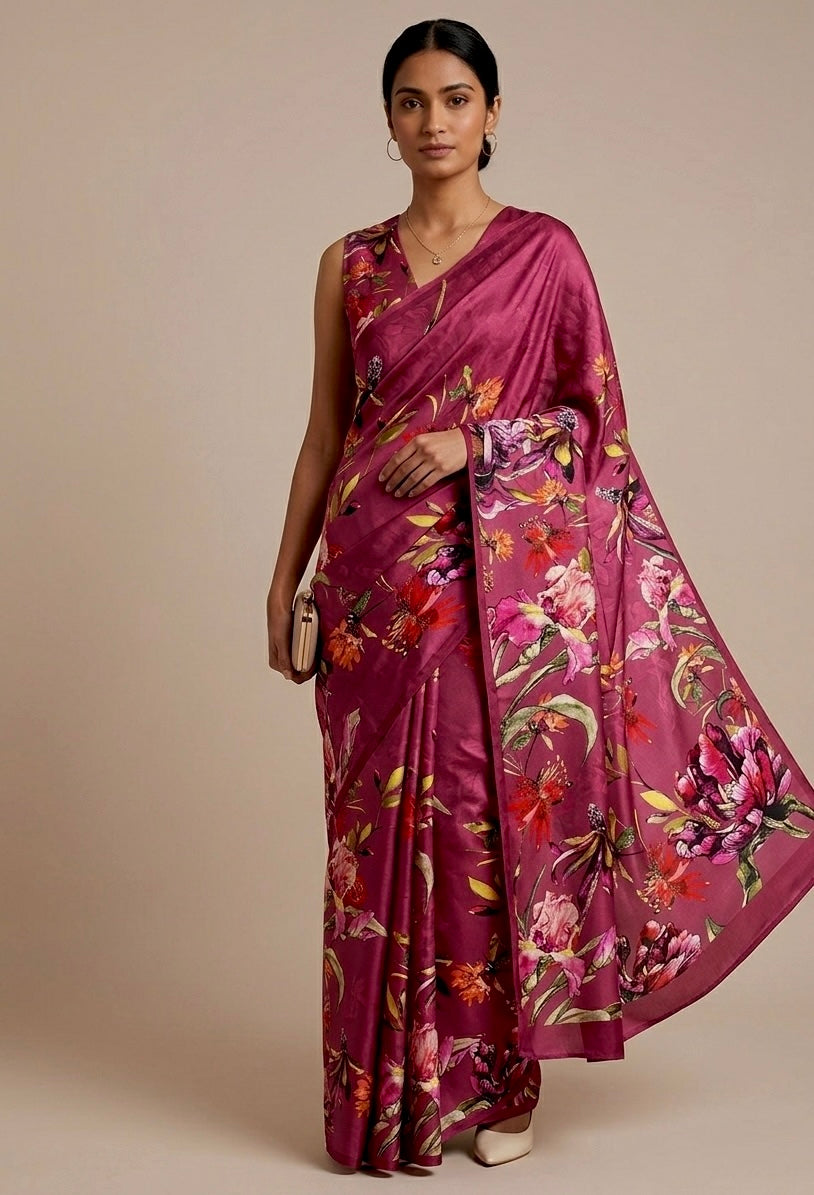 ROUGE PINK COLOUR CHINON FLORAL PRINTED SAREE WITH PRINTED BLOUSE - Kothari Sons
