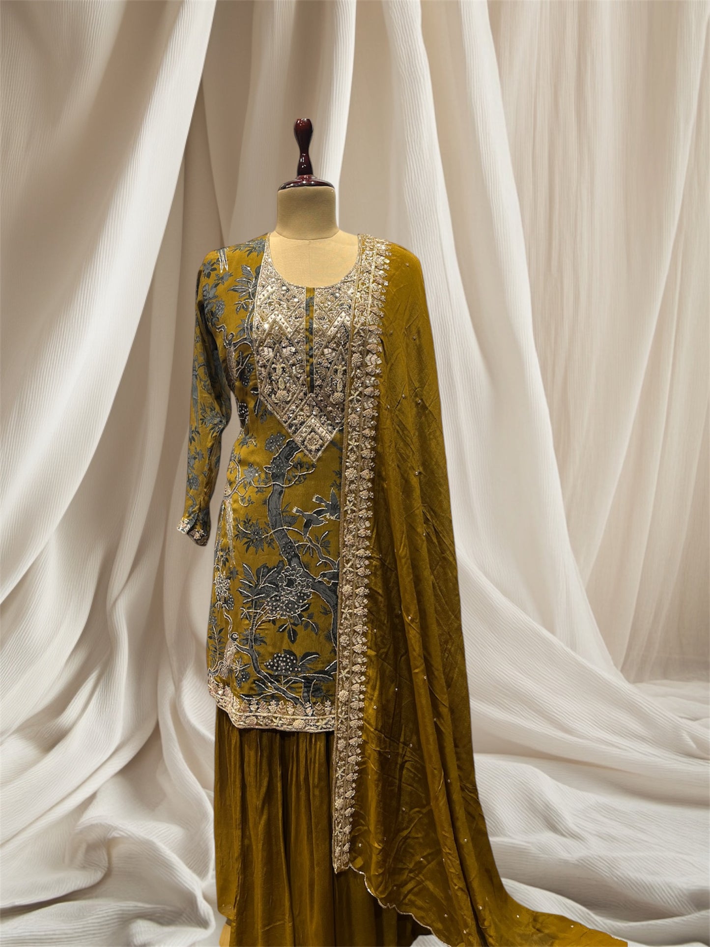 MEHNDI COLOUR CREPE FABRIC SHARARA SUIT, EMBROIDREY WITH ZARDOZI, KARDANA WORK