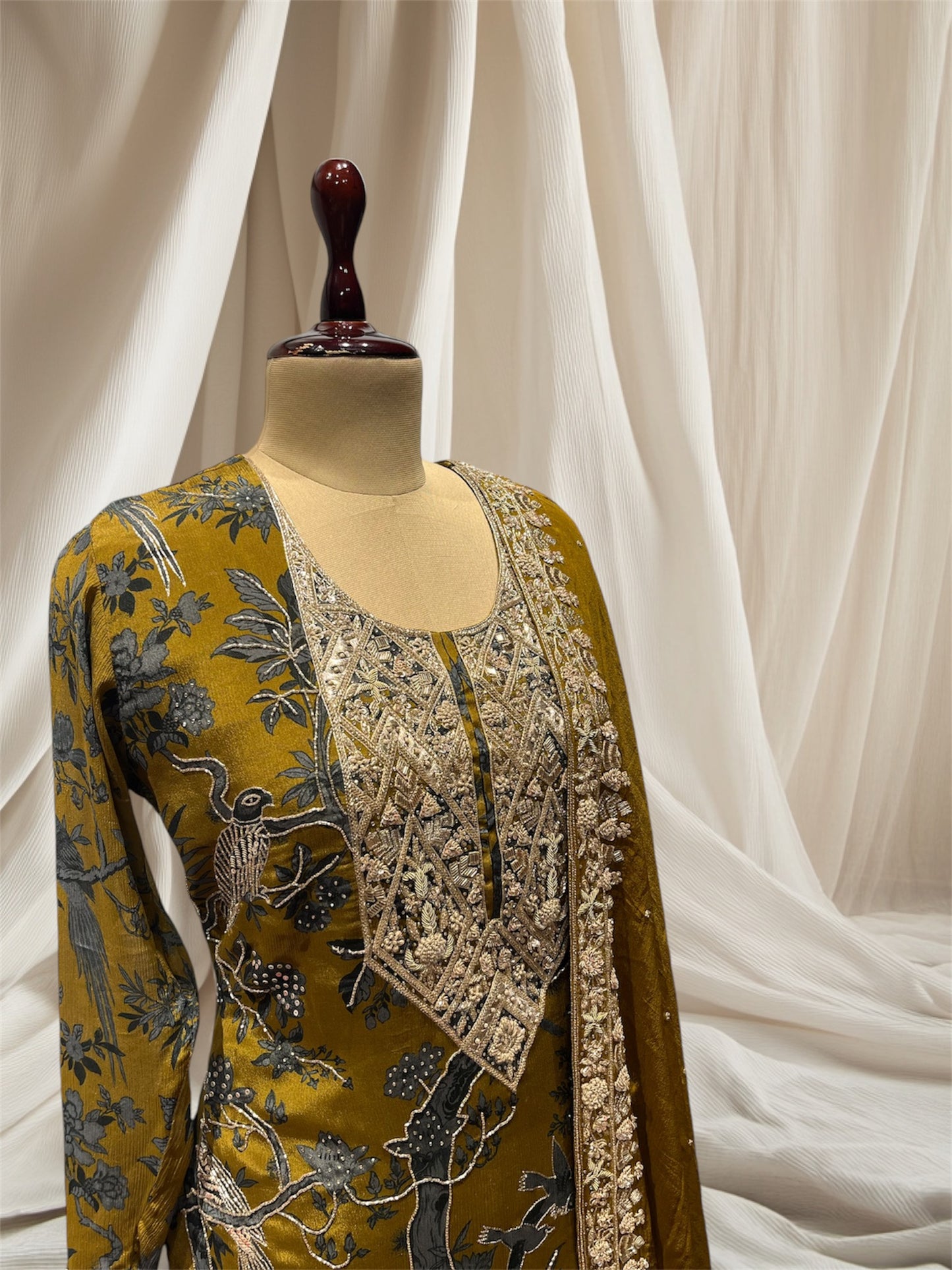 MEHNDI COLOUR CREPE FABRIC SHARARA SUIT, EMBROIDREY WITH ZARDOZI, KARDANA WORK