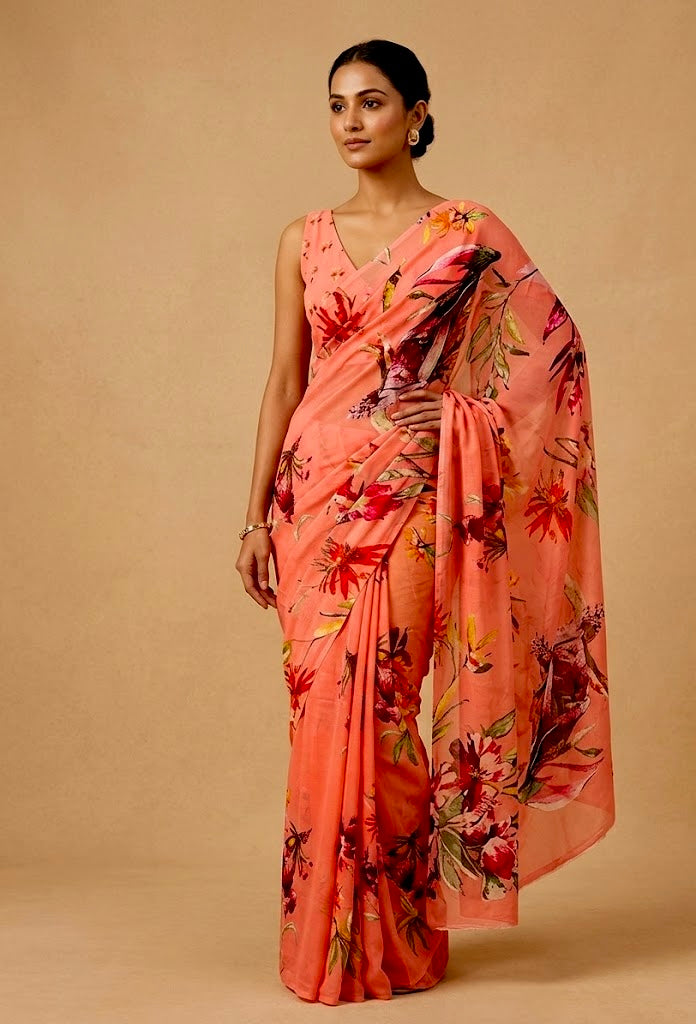 PEACH COLOUR FLORAL PRINTED CHINON SAREE WITH PRINTED BLOUSE - Kothari Sons