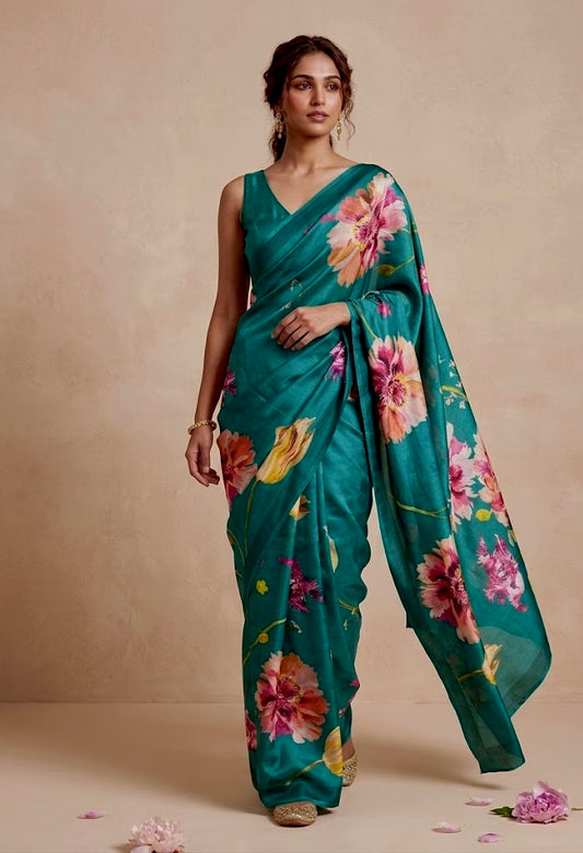 PEACOCK GREEN COLOUR FLORAL PRINTED CHINON SAREE WITH PRINTED BLOUSE - Kothari Sons