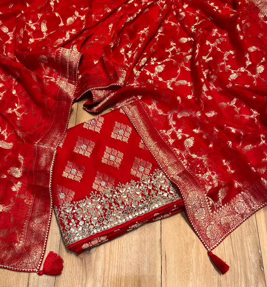 RED COLOUR ORGANZA SILK BANARASI UNSTITCHED SUIT EMBELLISHED WITH GOTA PATTI WORK