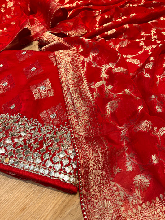 RED COLOUR ORGANZA SILK BANARASI UNSTITCHED SUIT EMBELLISHED WITH GOTA PATTI WORK