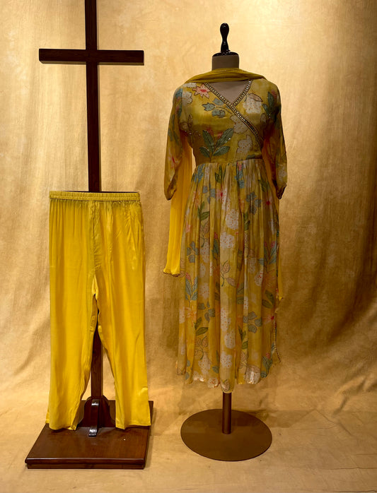 YELLOW COLOUR CHINON PRINTED FROCK ONE SLIT SUIT EMBELLISHED WITH CUTDANA WORK