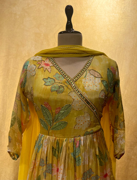 YELLOW COLOUR CHINON PRINTED FROCK ONE SLIT SUIT EMBELLISHED WITH CUTDANA WORK