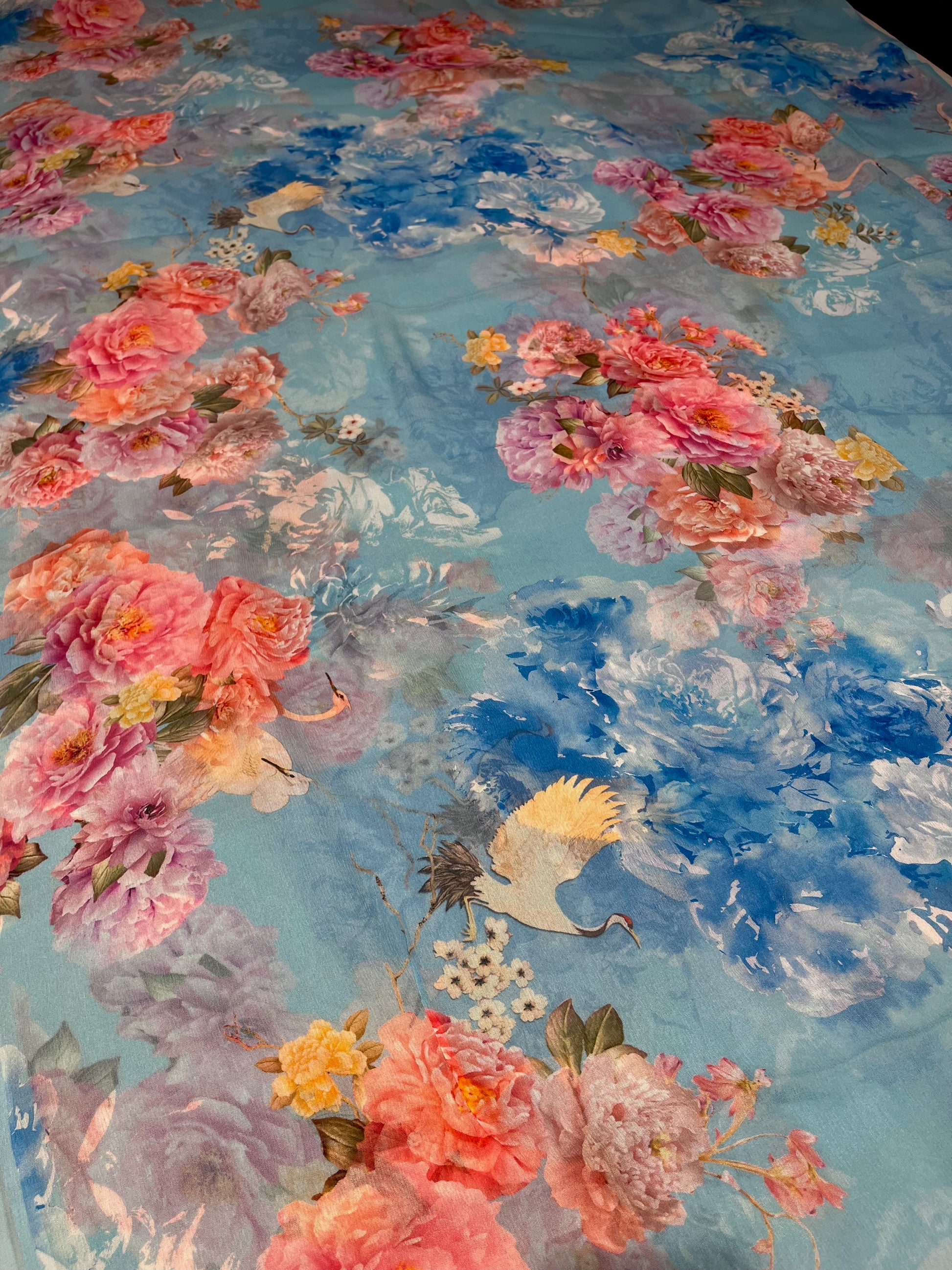 SKY BLUE COLOUR PURE PLATINUM CHIFFON FLORAL PRINTED SAREE WITH SELF PRINTED CREPE SILK BLOUSE - Kothari Sons