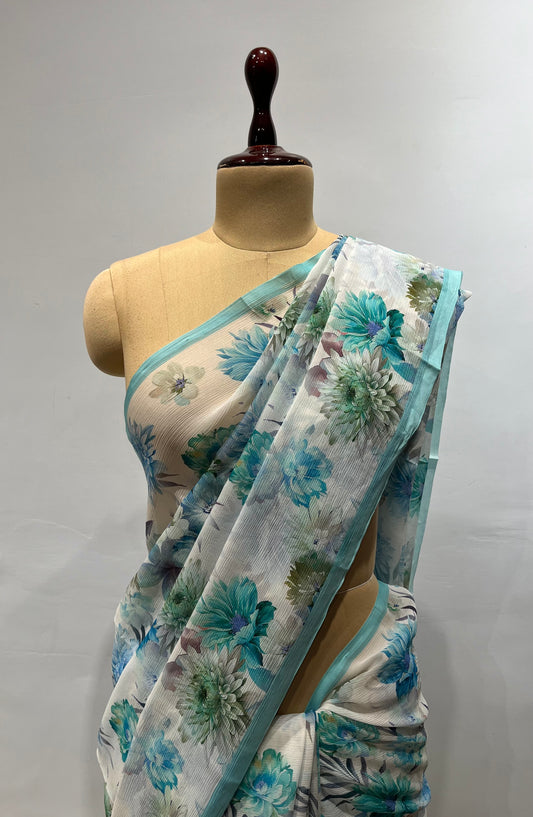 WHITE COLOUR PURE CHIFFON PRINTED SAREE