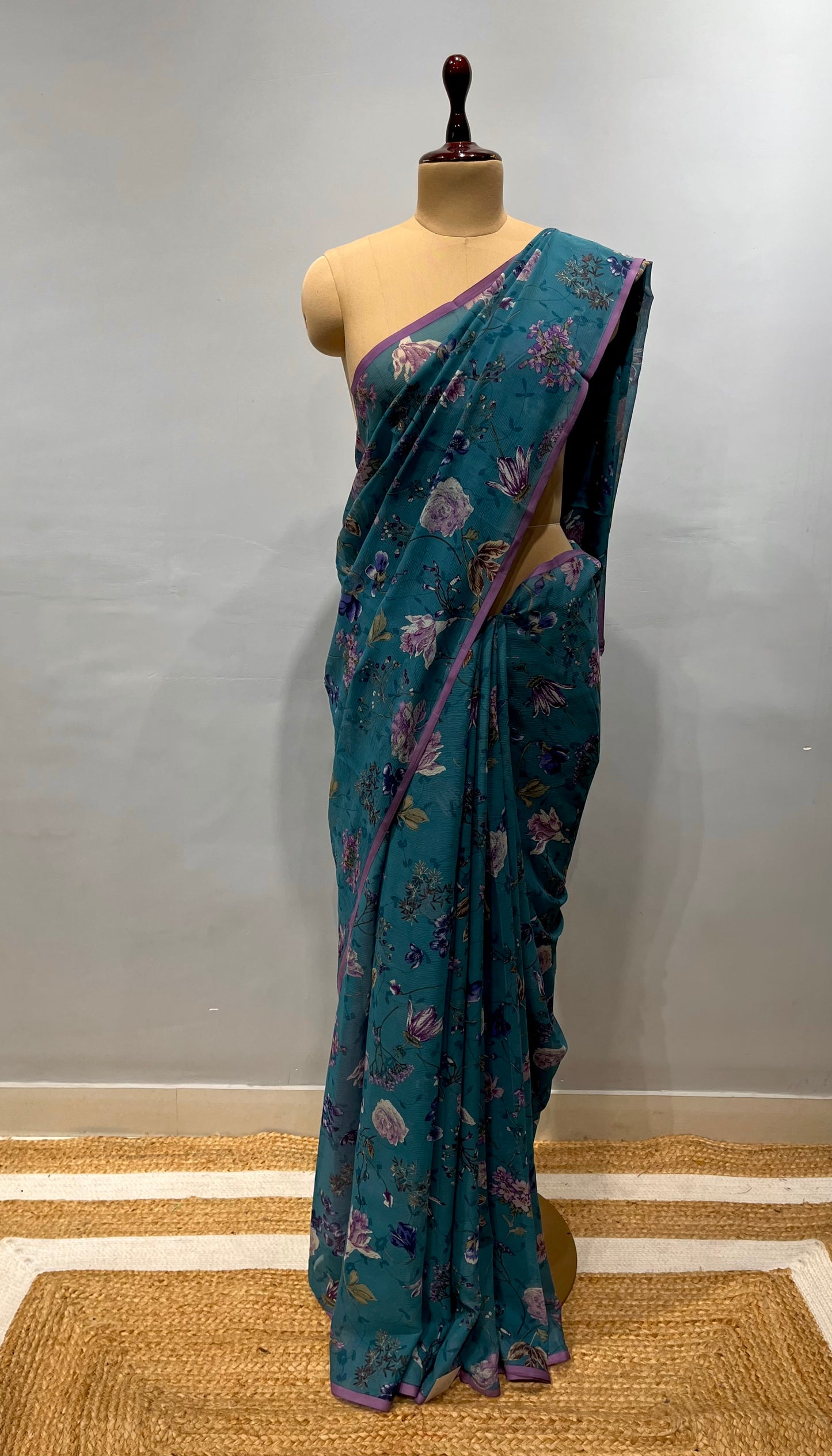 ( DELIVERY IN 20-25 DAYS ) BLUE COLOUR PURE CHIFFON PRINTED SAREE