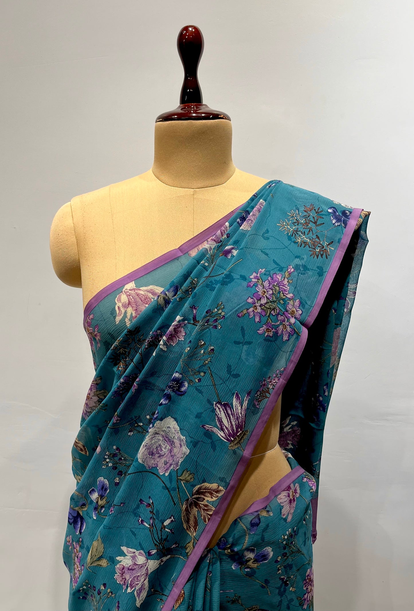 ( DELIVERY IN 20-25 DAYS ) BLUE COLOUR PURE CHIFFON PRINTED SAREE