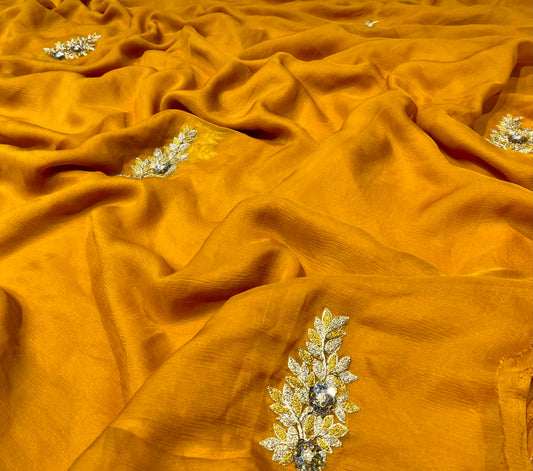 ( DELIVERY IN 25 DAYS ) MUSTARD COLOUR PURE CHIFFON HAND EMBROIDERED SAREE EMBELLISHED WITH ZARDOZI WORK