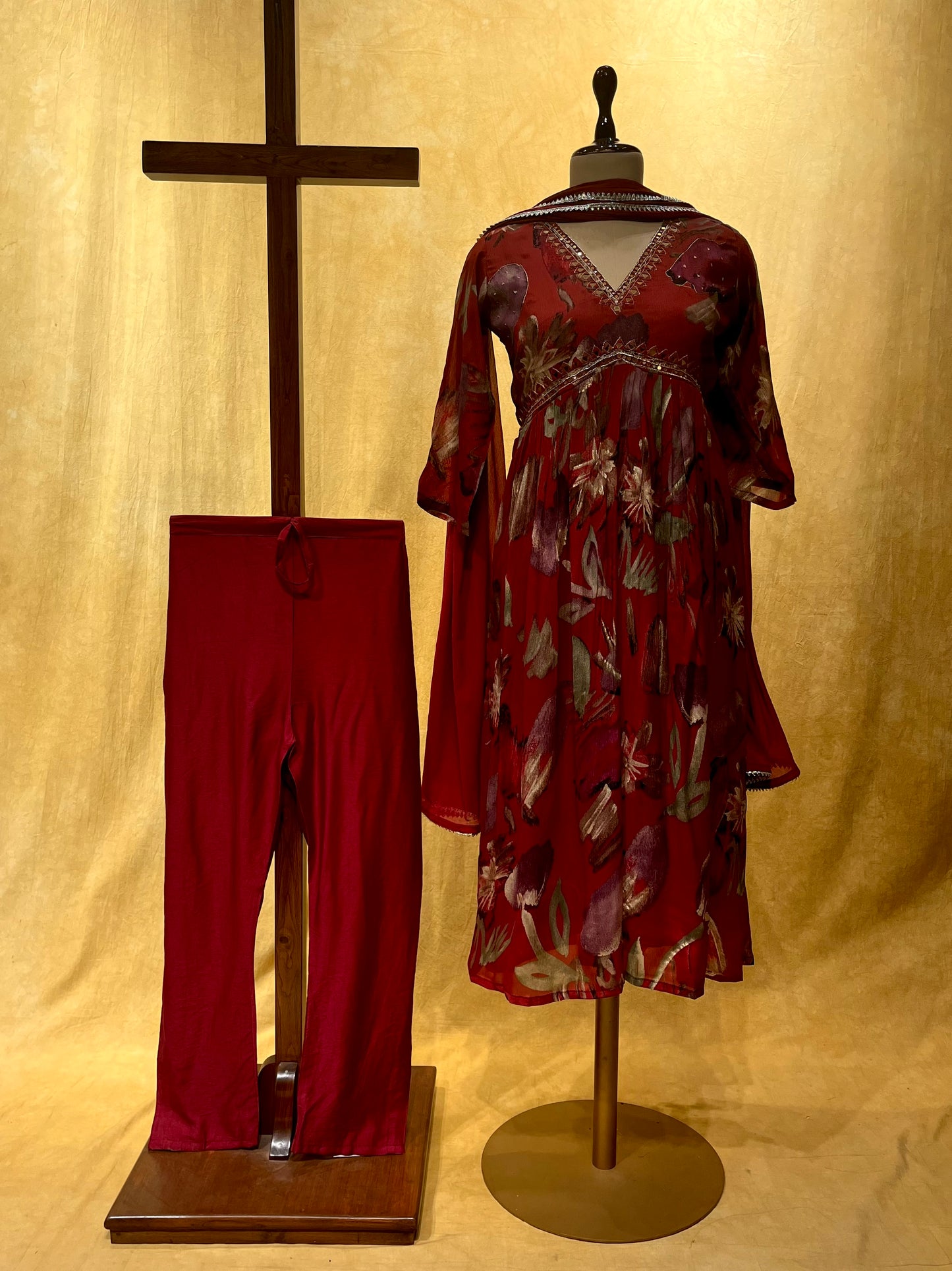 MAROON COLOUR CHINON READYMADE SUIT EMBELLISHED WITH MIRROR WORK