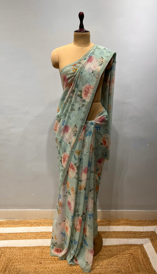 ( DELIVERY IN 20-25 DAYS ) MINT COLOUR PURE CHIFFON PRINTED SAREE