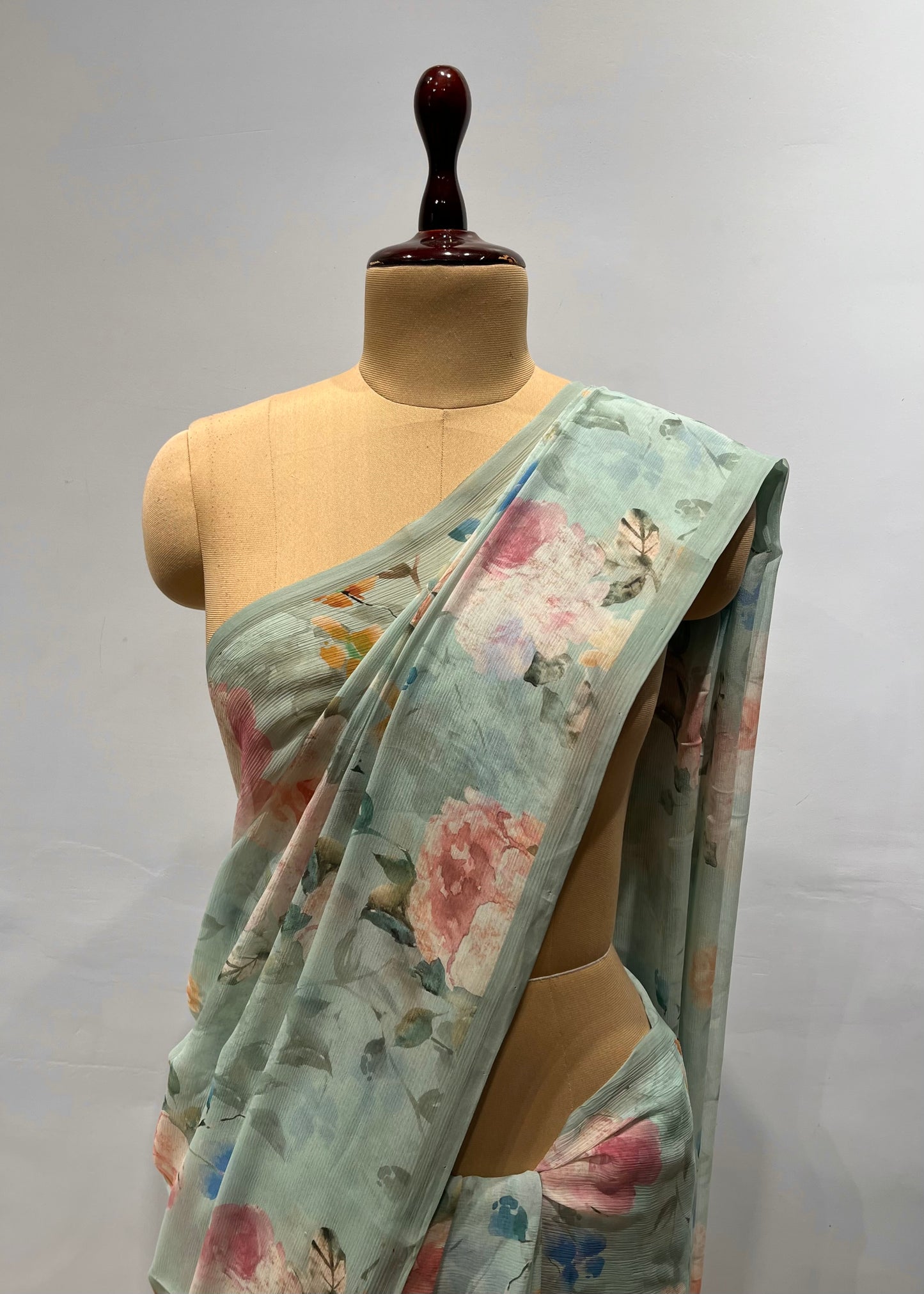 ( DELIVERY IN 20-25 DAYS ) MINT COLOUR PURE CHIFFON PRINTED SAREE