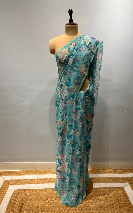 SKY BLUE PURE CHIFFON FLORAL PRINTED SAREE