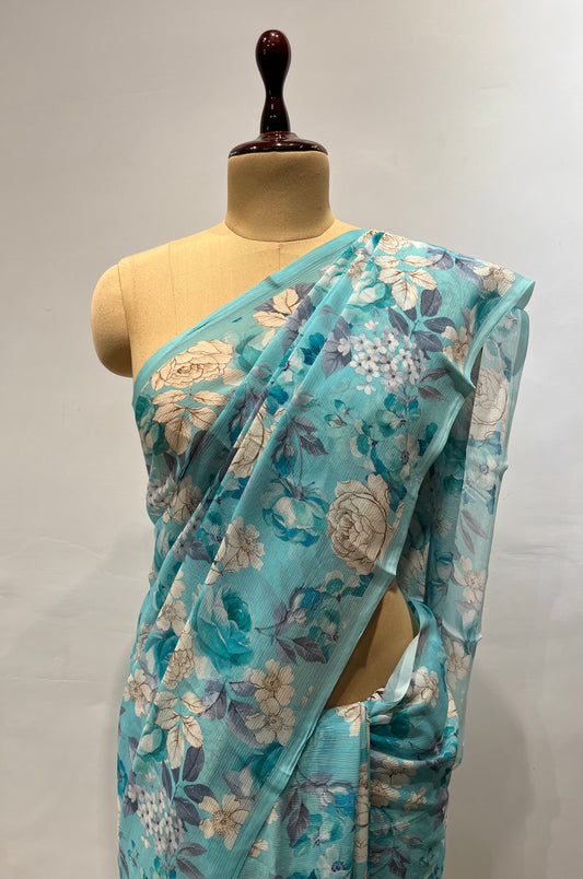 SKY BLUE PURE CHIFFON FLORAL PRINTED SAREE