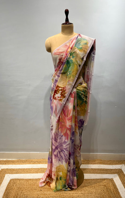 MULTI COLOUR PURE CHIFFON FLORAL PRINTED SAREE