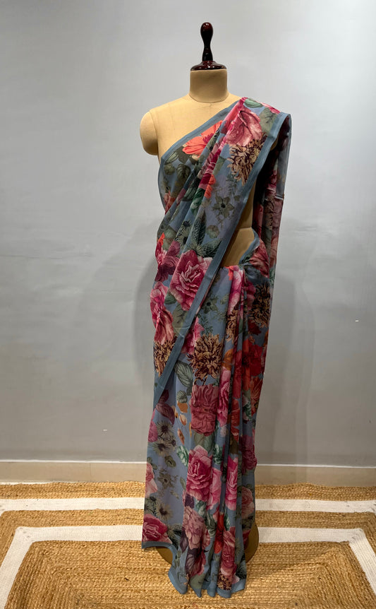 GREY COLOUR PURE CHIFFON FLORAL PRINTED SAREE