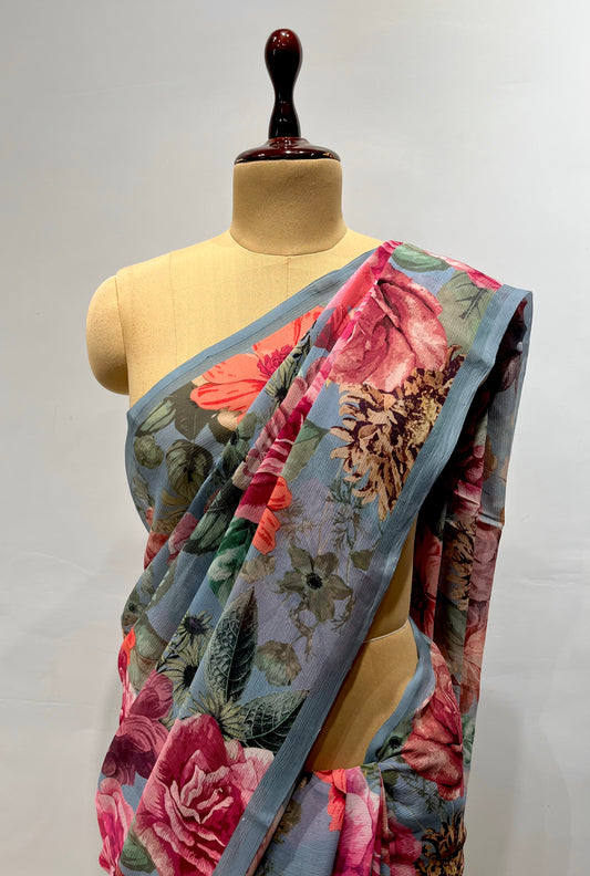 GREY COLOUR PURE CHIFFON FLORAL PRINTED SAREE