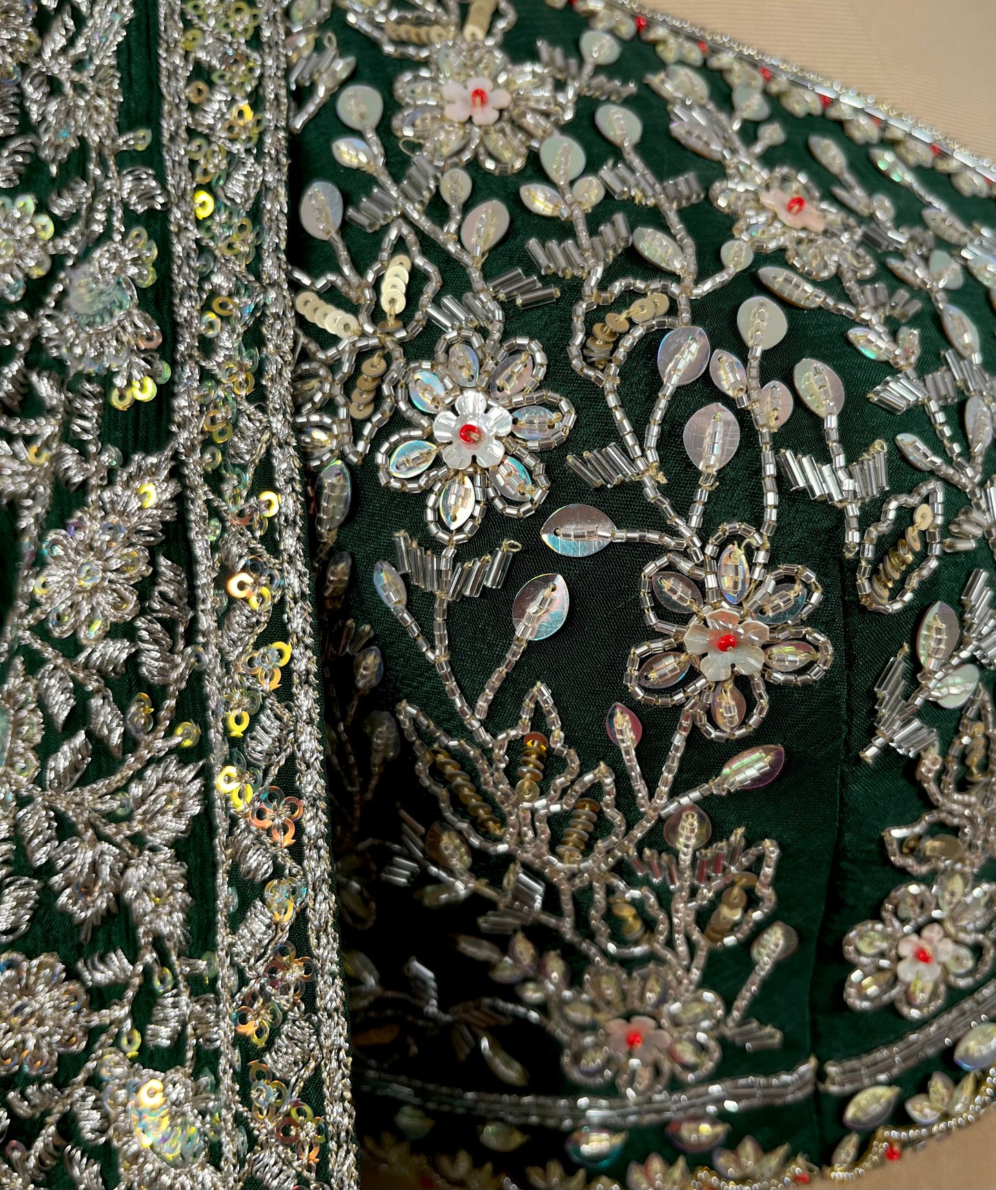 GREEN COLOUR CHINON LEHENGA WITH EMBROIDERED BLOUSE EMBELLISHED WITH SEQUINS AND CUTDANA WORK