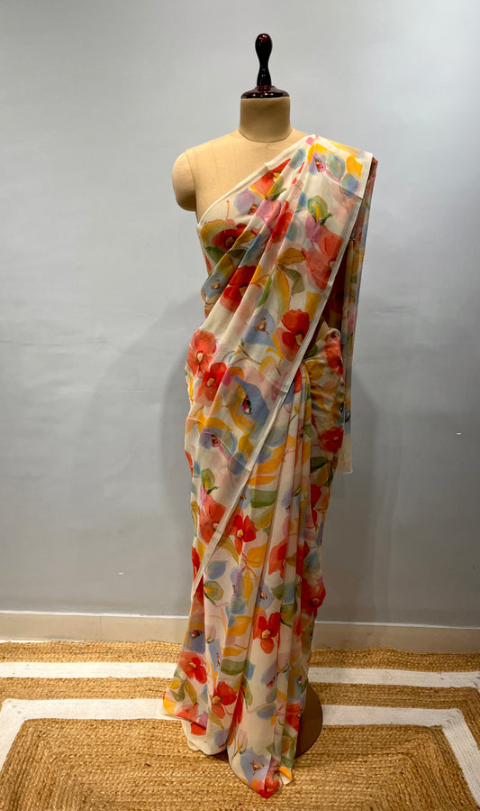 WHITE COLOUR PURE CHIFFON FLORAL PRINTED SAREE