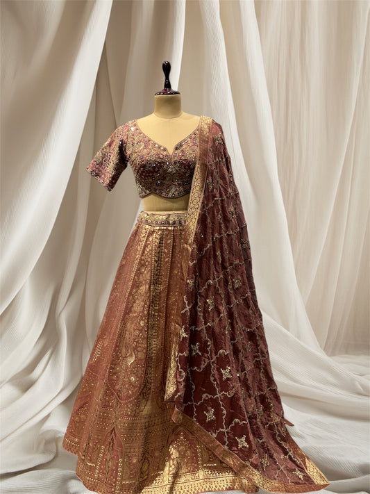 DUSTY ROS& MAUVE COLOUR, MIRROR EMBROIDERED TISSUE READYMADE LEHENGA