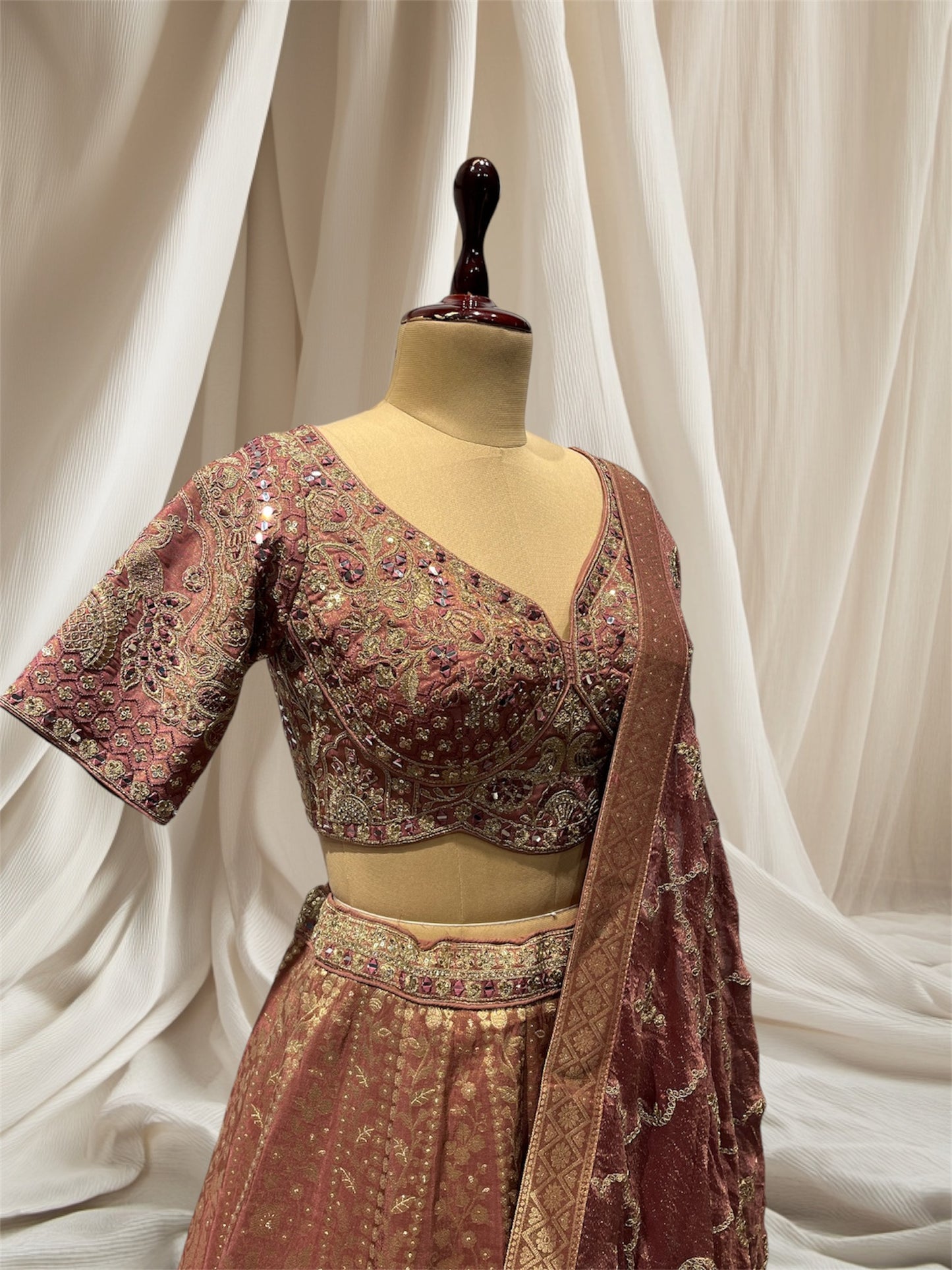 DUSTY ROS& MAUVE COLOUR, MIRROR EMBROIDERED TISSUE READYMADE LEHENGA