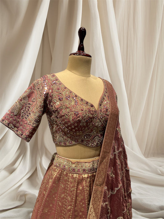 DUSTY ROS& MAUVE COLOUR, MIRROR EMBROIDERED TISSUE READYMADE LEHENGA