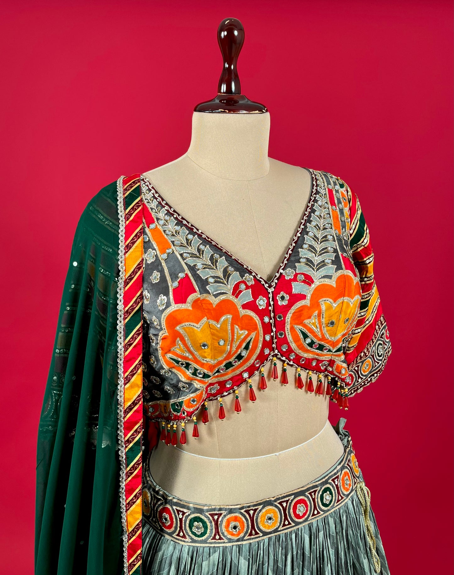 ( DELIVERY IN 25 DAYS ) GREY COLOUR SILK LEHENGA WITH CONTRAST DUPATTA EMBELLISHED WITH MIRROR WORK