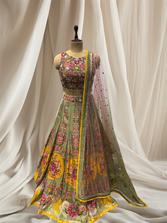 OLIVE GREEN COLOUR, FLORAL EMBROIDERY DESIGN, BANARASI SILK READYMADE LEHENGA SET